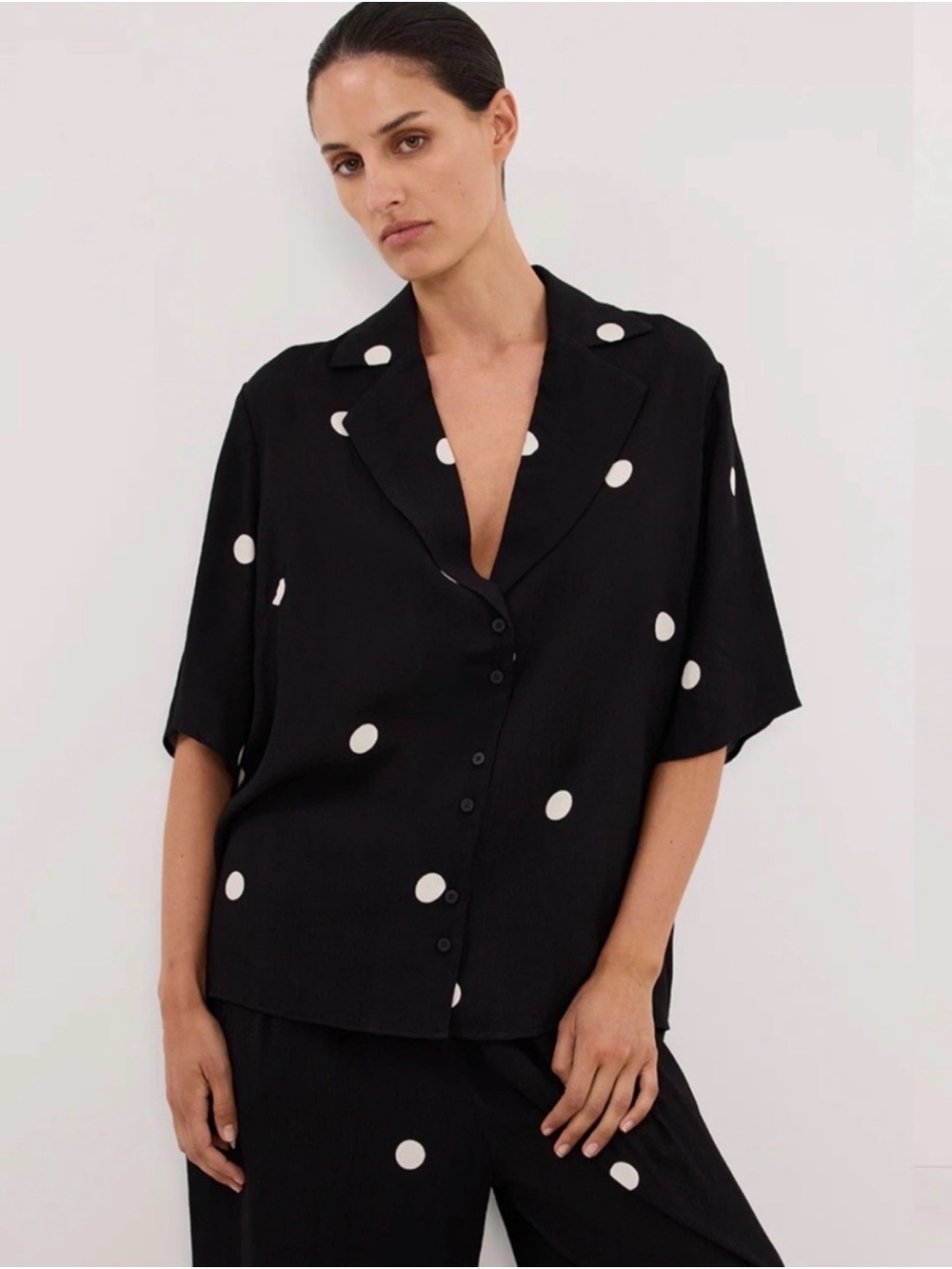 DISSH Laura Spot Short Sleeve Black Blouse with White Polka Dots